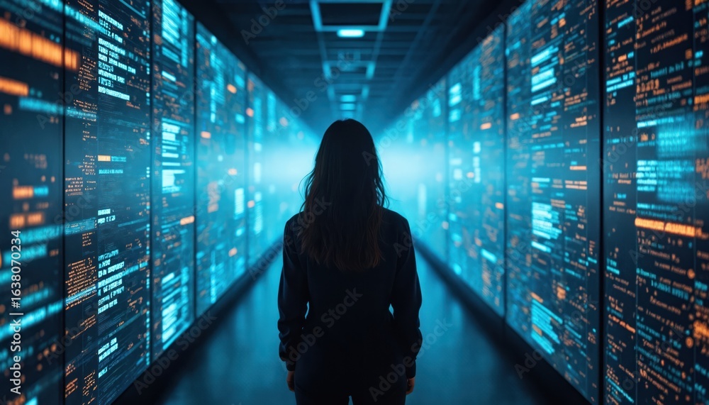 Poster a person stands in a server room surrounded by glowing digital data streams. this image symbolizes o