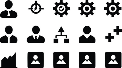 Manager icon set. Containing leadership, supervision, hiring, coaching, management, development, organization, teamwork and delegation icons. Solid icons collection. Vector illustration.