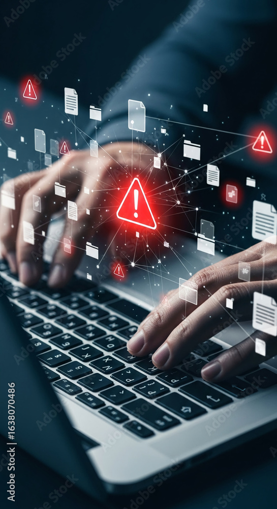 Poster hands typing on laptop keyboard, surrounded by digital files and red warning signs, illustrating dat