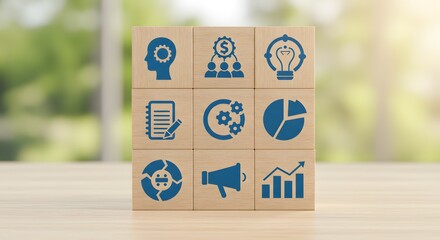 Business Strategy and Growth Icons on Wooden Blocks