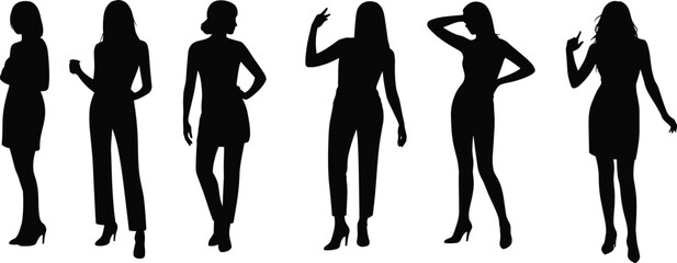 Silhouettes of six standing women, various poses, high heels, stylish female figures, black vector, fashion illustration, elegant women design.