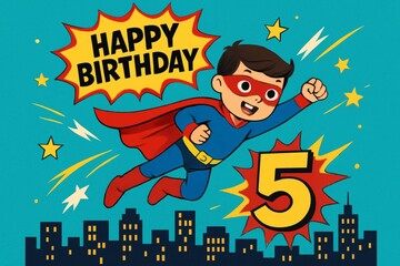 Happy birthday card to 5 years boy featuring colorful cartoon superhero boy in blue and red costume, flying in bright sky. Concept of happy birthday card celebrating joy and adventure.
