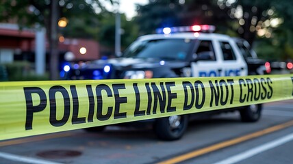 Police line do not cross tape stretched across a street in front of a blurred police car with flashing blue and red lights