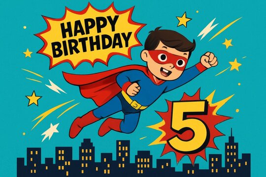 Happy birthday card to 5 years boy featuring colorful cartoon superhero boy in blue and red costume, flying in bright sky. Concept of happy birthday card celebrating joy and adventure. - Powered by Adobe