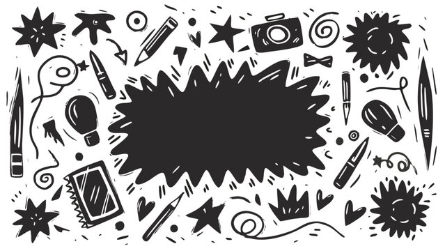 Hand drawn doodle elements with a central burst shape including stationery and decorative items design vector