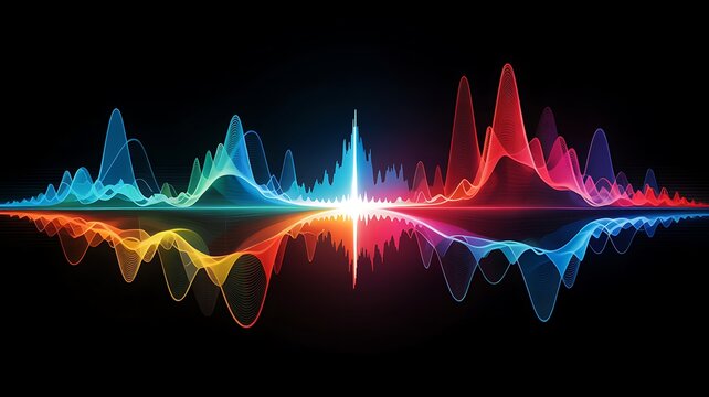 Vibrant multicolored sound wave equalizer reflecting on a dark surface with a bright central light burst