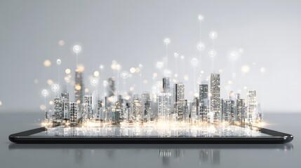 Digital cityscape displayed on a tablet.