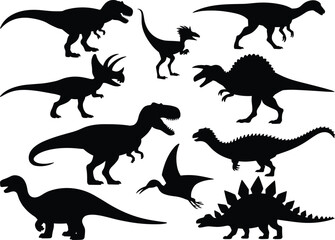 Silhouettes of various dinosaurs in different poses, prehistoric reptiles, Jurassic creatures, extinct species, black dinosaur shapes, ancient wildlife, fossil icons, dinosaur collection