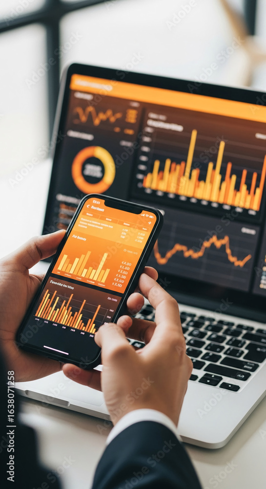 Aufkleber close-up of hands holding smartphone displaying financial charts, laptop with similar data in backgr