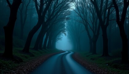 Eerie Forest Road with Twisted Trees Forming an Archway Ghostly Pale Blue Light at the End of the Path