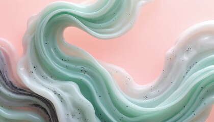 Abstract fluid swirls of mint green, white, black marble texture on pastel pink background. Smooth, wavy lines create luxurious, modern aesthetic. Seamless pattern evokes sense of movement, elegance,