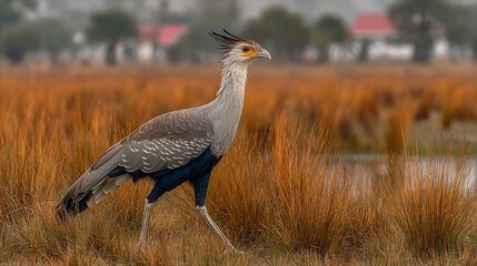 Elegant secretary bird strides gracefully through golden African grasslands, a captivating wildlife moment