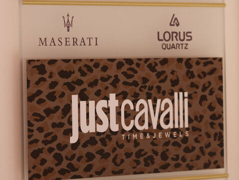 Portugal, Loul&eacute;, August 09. 2025, Logos of three different brands, Maserati, Lorus Quartz, Just Cavalli Time & Jewels