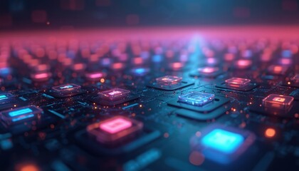 3D visualization of digital network with glowing nodes. Abstract technology background featuring interconnected data points with red, blue neon lights. Suitable for concepts like marketing strategy,