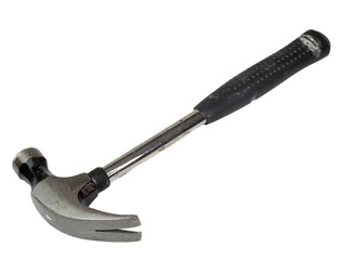 Isolated small steel hammer with a black handle on a white background