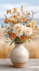 Seasonal floral bouquet arrangement High-demand nature arrangement Rustic Floral Bouquet in Ceramic Vase with Natural Background with vibrant seasonal appeal for home and event decoration, artistic