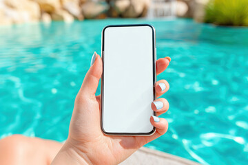 Woman holding a blank screen phone by a swimming pool