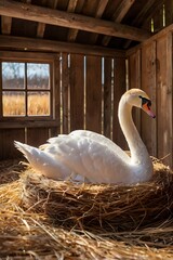 The white swan is incubating its eggs