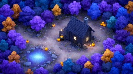 A whimsical, small cabin nestled within a stylized forest.