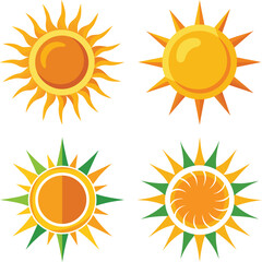 Sun icons. Sun vector icon set in black color isolated set. Set of 16 suns icon collection in black and yellow color. Solar summer icon isolated on white background. Flat design. Vector illustration.
