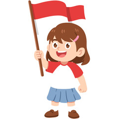 Illustration of a cartoon Little girl with an indonesia flag with a transparent background