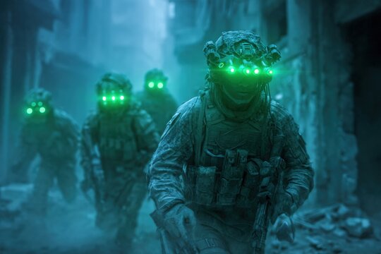 Infantry moving quietly through ruined city streets wearing night vision goggles, green glow through smoky air.