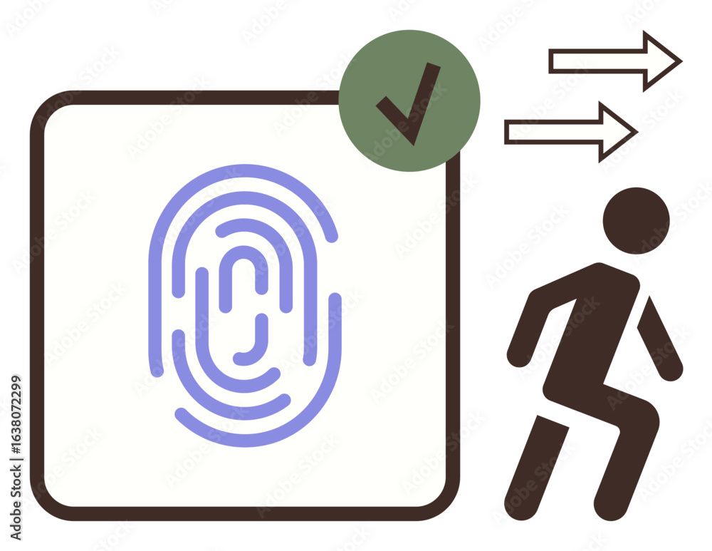 Poster fingerprint authentication square icon with a green checkmark signifies permission given. silhouette