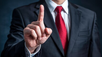 Businessman in a dark suit and red tie pointing his index finger forward with a serious expression