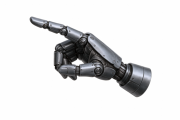 Detailed metallic robotic hand with articulated fingers pointing forward, symbolizing technology and artificial intelligence