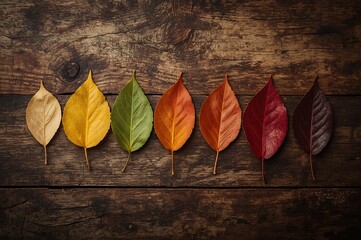 A spectrum of autumn leaves arranged in a row showcasing the vibrant transition of colors from yellow to deep red and brown on a rustic wooden surface