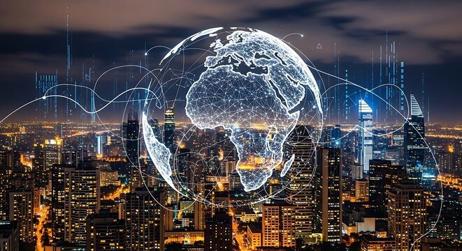 Global interconnectedness depicted by a digital globe overlaying a nighttime cityscape.