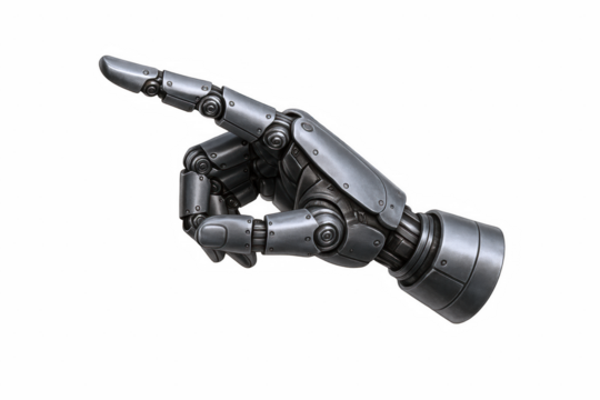 Detailed metallic robotic hand with articulated fingers pointing forward, symbolizing technology and artificial intelligence