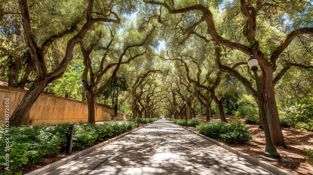 Poster sun-drenched path lined with towering trees.