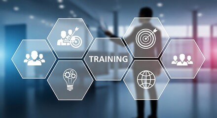 Businessperson presenting a training program with icons representing teamwork, goals, and global reach.