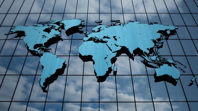 Digital world map overlayed on a gridded background with subtle cloud reflections creating a modern global technology and connectivity concept