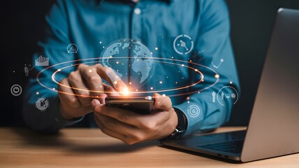 Man holding a smartphone with glowing digital network and icons emanating from the screen symbolizing connectivity and technology