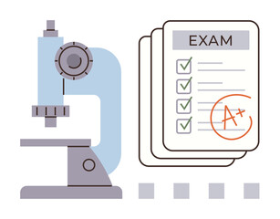 Microscope beside graded exam papers with checkmarks and A symbol. Ideal for research, education, learning, science, academic success, evaluation, goal setting. Clean flat metaphor