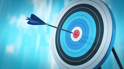 A blue arrow perfectly hits the bullseye center of a circular archery target with a blurred blue background