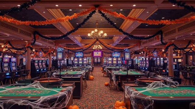 A spooky casino floor decorated for Halloween. Empty gambling hall with festive holiday decorations, gaming tables, and slot machines.