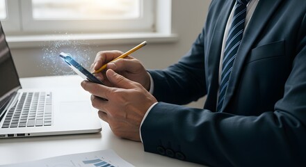 Businessman using smartphone with digital network overlay, laptop and analytics report on desk