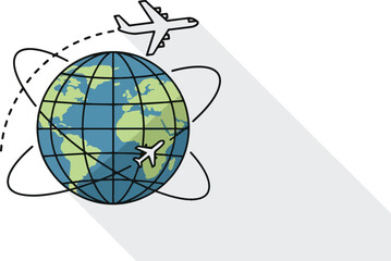 Illustration of a globe with continents, surrounded by airplane flight paths, and two airplanes.
