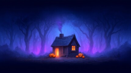 A small, cozy cabin nestled in a mysterious forest at night.