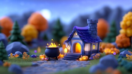A miniature, whimsical autumnal cottage scene with a cauldron.