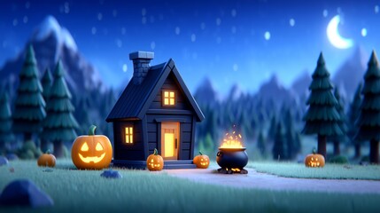 Small, cozy cabin at night with pumpkins and a cauldron.