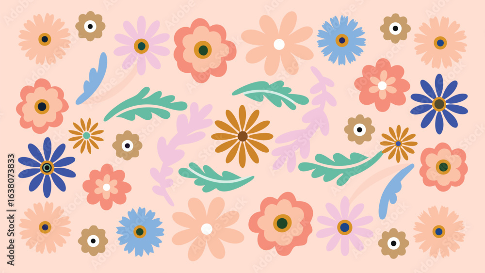 Poster assorted floral arrangement with various colors and sizes on a light pink background in a flat desig