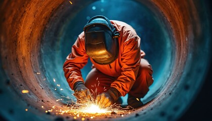 Welder in orange suit, metal mask creating sparks inside large industrial pipe. Precision, hard work, craftsmanship, strength, modern industry, construction, engineering, safety, steel,