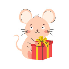 Cartoon cute mouse character with a gift in its hands