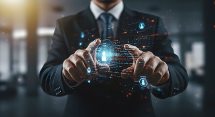 Businessperson Interacting with Futuristic Digital Interface and Data Streams