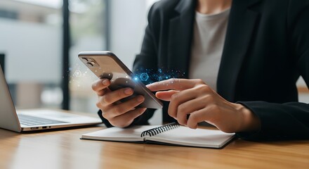Businesswoman using smartphone with digital network connections and abstract data flow