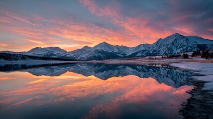Stunning sunrise reflects on tranquil lake with snow capped mountains, perfect for travel and adventure ads